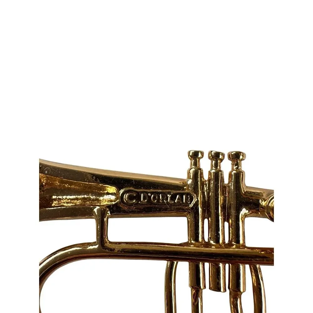 D'ORLAN Vintage Trumpet Pin Clear Rhinestones Gold Tone Brooch